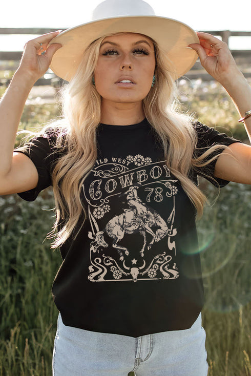 Black Cowboy 78 Letter Graphic Print Crew Neck T Shirt